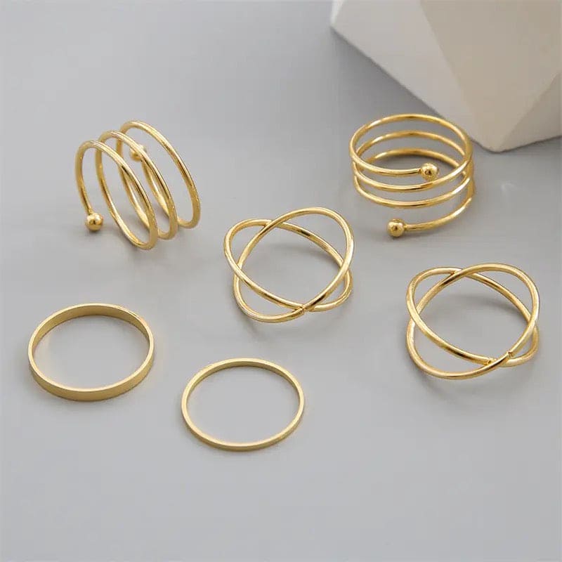 Set Of 5 Metal Gold Plated Rings for Women, Geometric Hollow Wave Rings, Girls Trendy Jewellery, Stackable Finger Rings, Midi Rings For Women