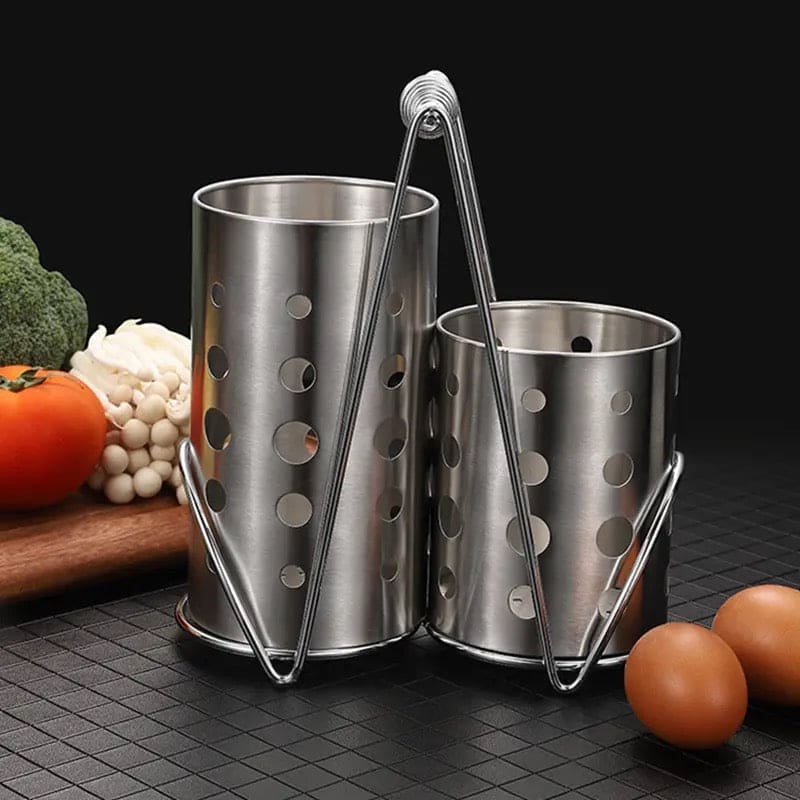 Double Cutlery Drain Rack, Double Handle Chopstick Spoon Rack, Stainless Steel Kitchen Cutlery Box, Spoons Forks Knife Utensils Organizer, Kitchen Storage Tube Barrel Tableware Rack, Caddy Cutlery Utensil Holder