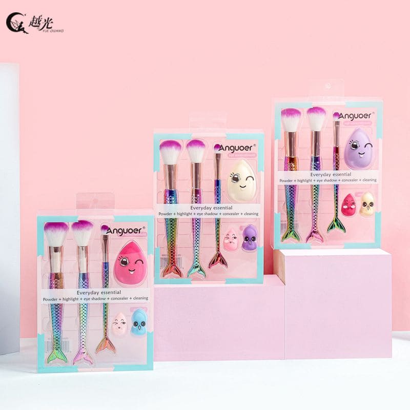 Mermaid Makeup Brush Set With Blender, Fishtail Beauty Brush, 3D Mermaid Colorful Handle Makeup Brush Set, Eyeliner Blush Brush