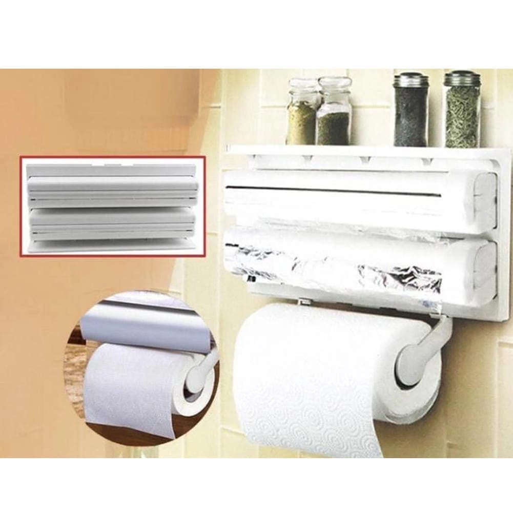 3 In 1 Multifunctional Kitchen Roll Holder, Cling Film Wall Mounted Paper Holder Shelf, Triple Food Wrap Dispenser, Kitchen Roll Holder With Spice Rack and Slide Cutter, Multifunctional Cling Film Cutter