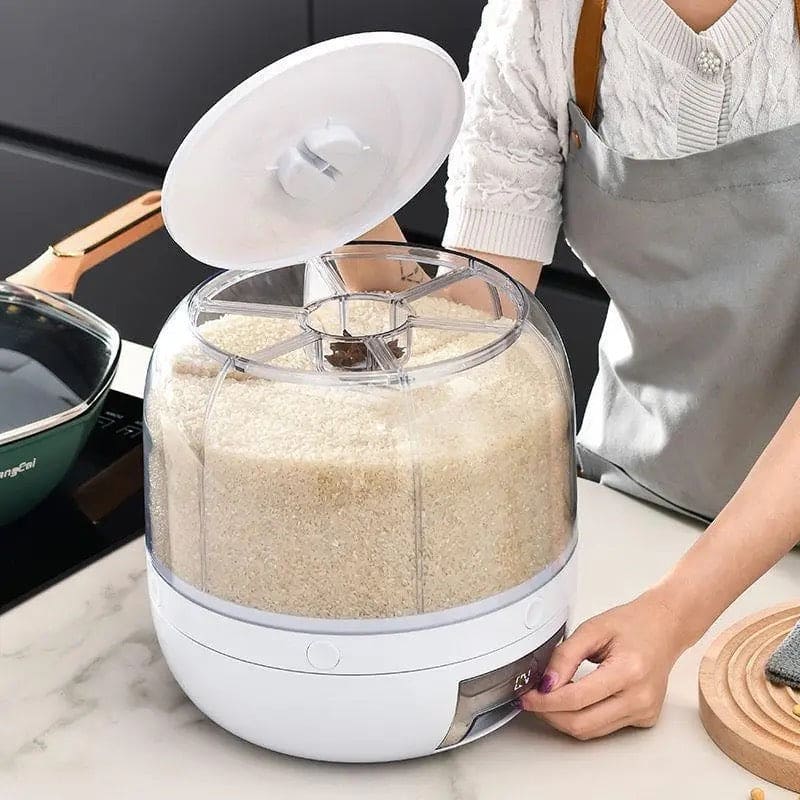 6 Grid Round Cereal Dispenser, 360° Rotatable Rice Barrels, Multi Compartment Grain Dispenser, Rotary Partition Sealed Jar, Round Rice Storage Tank, Measuring Container Kitchen Grains Rice Storage Bucket Food Organizer