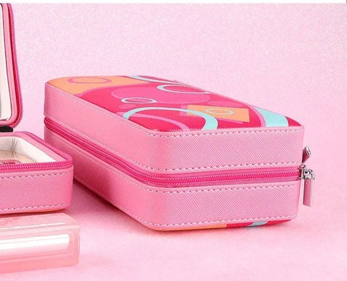 Pink Leather Jewelry Box, Portable Earrings Necklaces Rings Jewelry Organizer With Mirror, Rectangular Leather Jewelry Storage Box, Portable Jewellery Organizer