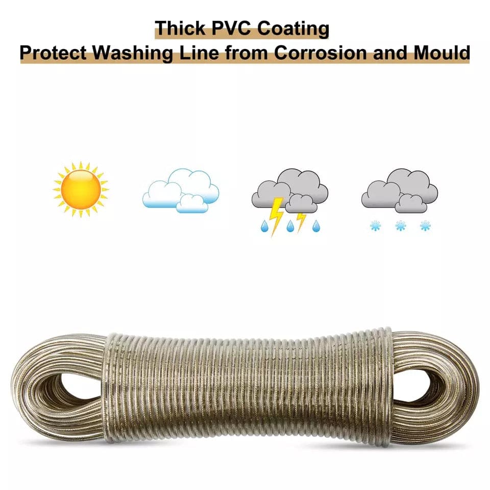 Metal Clothes Line, 20m Washing Line Rope, Steel Core Laundry Clothes Lines, Thick Strong Plastic PVC Cover Garden Indoor Outdoor Travel, Wall Mounted Laundry Drying String