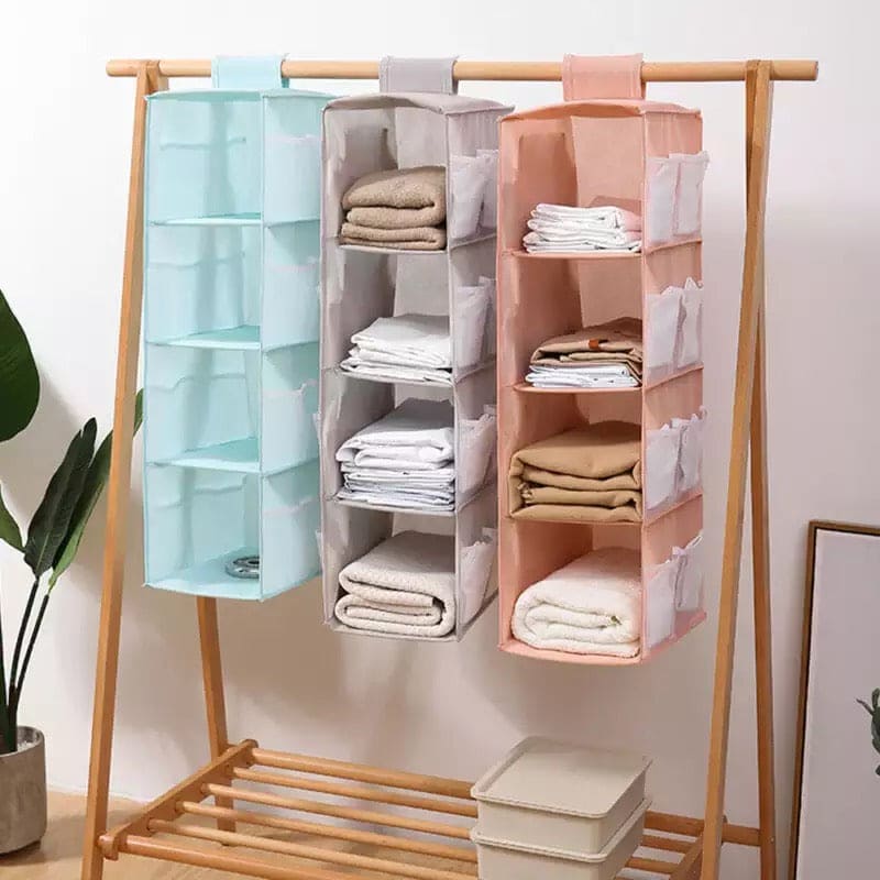 4 Layer Foldable Closet Organizer, Multilayer Foldable Hanging Storage Rack, Tier Hanger Bag, Wardrobe Storage Holder, Dust-Proof Fabric Hanging Bag, Double Sided Storage Organizer With 8 Frosted Pocket, New Hanging Wardrobe