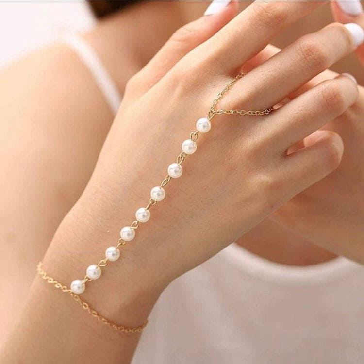 Elegant Pearl Link Chain Bracelet, Multi Layer Connected Ring Bangle, Adjustable Pearl Ring Bangle Bracelet, Charm Metal Chain Wrist Bracelet,