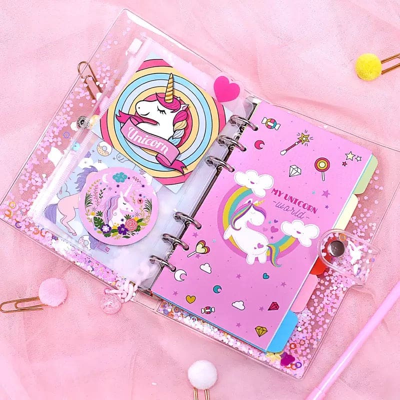 Unicorn Spiral Notebook Set, Weekly Planner Diary Paper Notepad, Pink Sequin Petal Transparent Unicorn Notebook Set