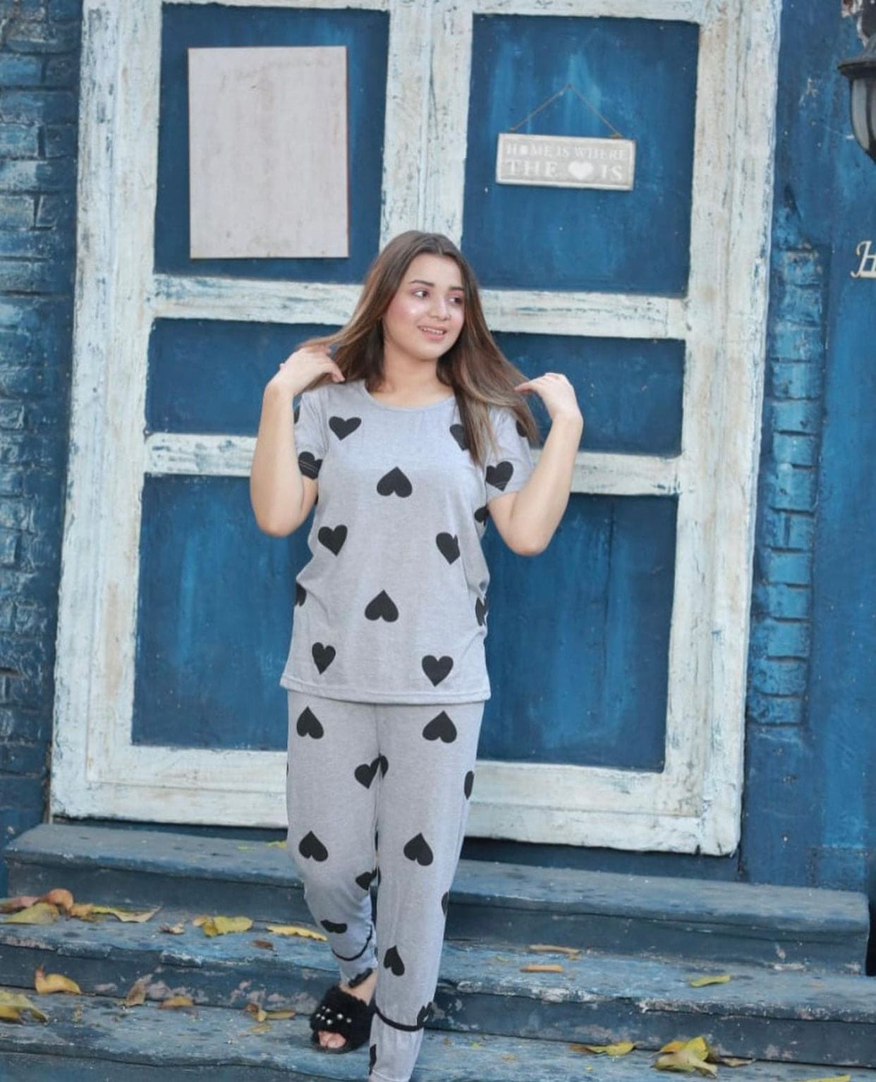 Grey Heart Print Summer Fabric Half Sleeves Nightsuit For Women
