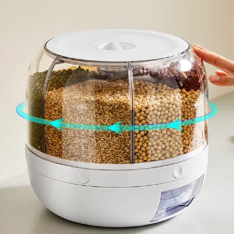 6 Grid Round Cereal Dispenser, 360° Rotatable Rice Barrels, Multi Compartment Grain Dispenser, Rotary Partition Sealed Jar, Round Rice Storage Tank, Measuring Container Kitchen Grains Rice Storage Bucket Food Organizer