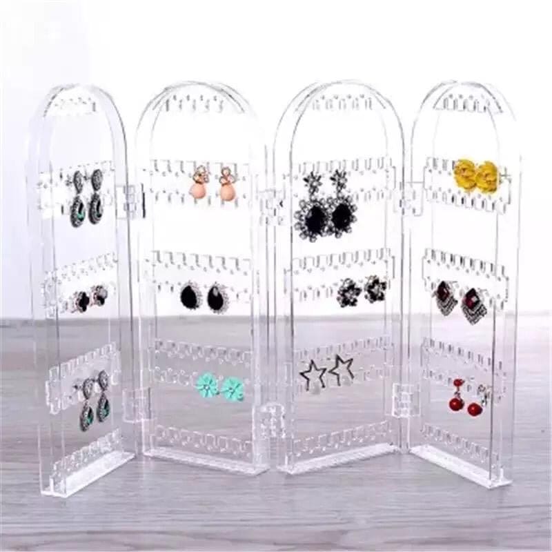 4 Door Acrylic Jewellery Rack, Transparent Foldable Screen Necklace Display Rack, Hanging Jewellery Organizer Double Sided, Earrings Organizer Stand Display