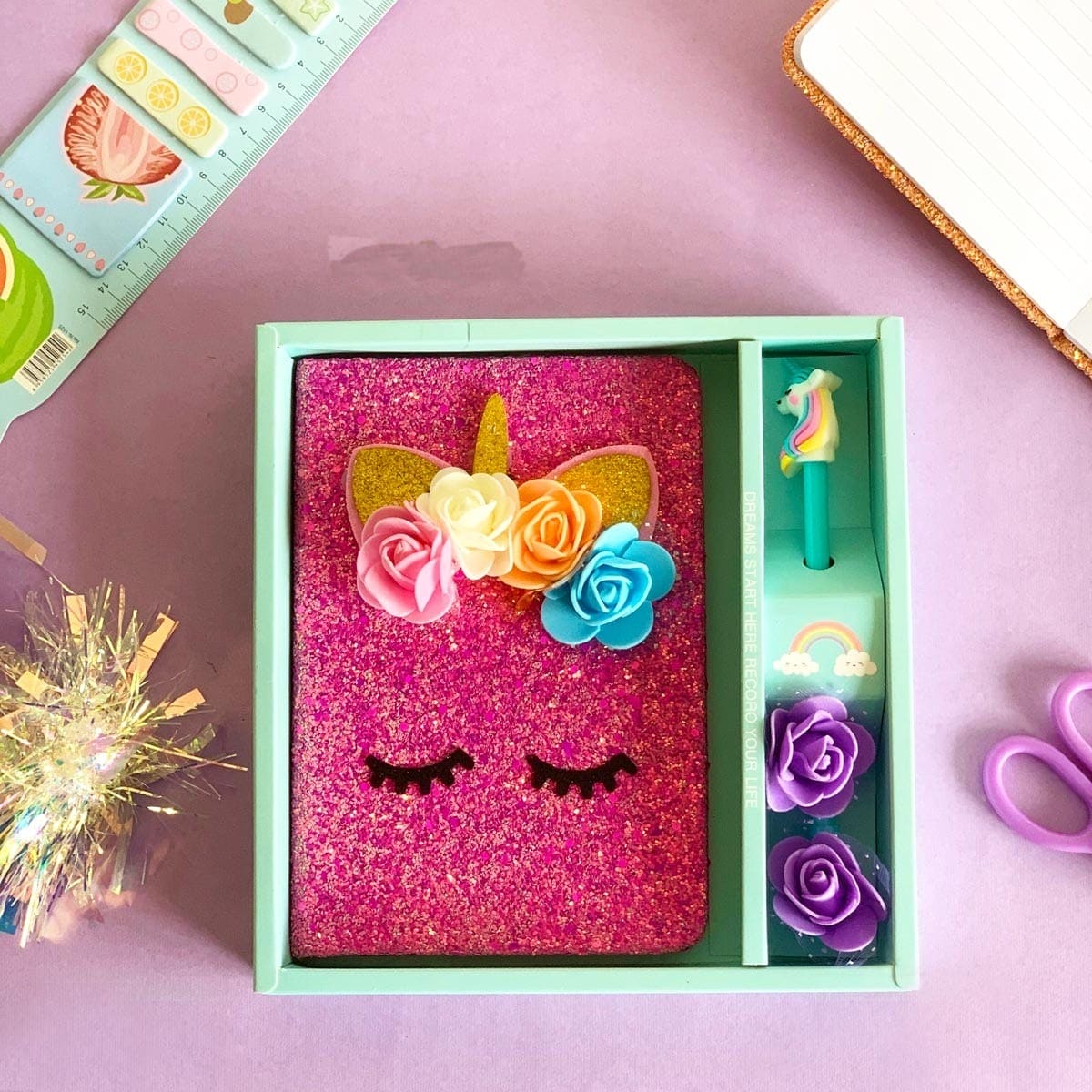 Unicorn Sparkle Notebook Set, Unicorn Diary For Girls, Glitter Notebook With Unicorn Pen