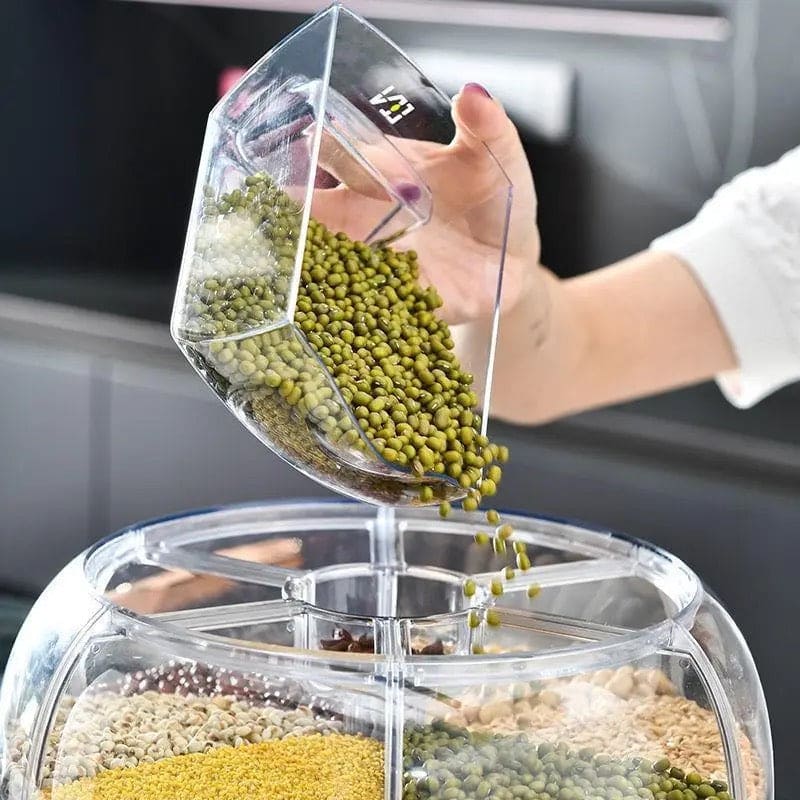 6 Grid Round Cereal Dispenser, 360° Rotatable Rice Barrels, Multi Compartment Grain Dispenser, Rotary Partition Sealed Jar, Round Rice Storage Tank, Measuring Container Kitchen Grains Rice Storage Bucket Food Organizer