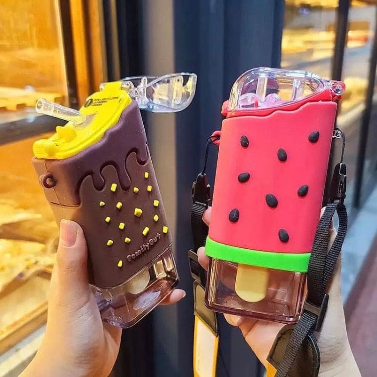 Ice Cream Shaped Water Bottle With Straw, Creative Square Watermelon Bottle, Portable Leak Proof Choco Bar Water Bottle