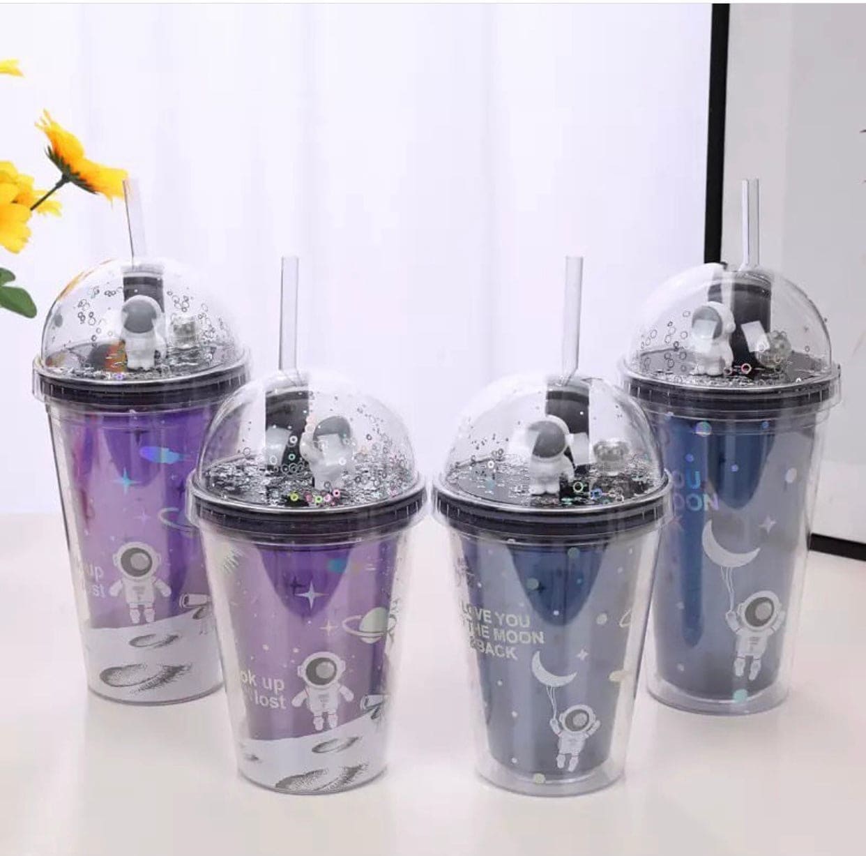 450ml Unisex Double Layer Creative Space Wandering Theme Heat Insulated Straw Cup, Summer Straw Ice Cup, Large Capacity Plastic Water Bottle