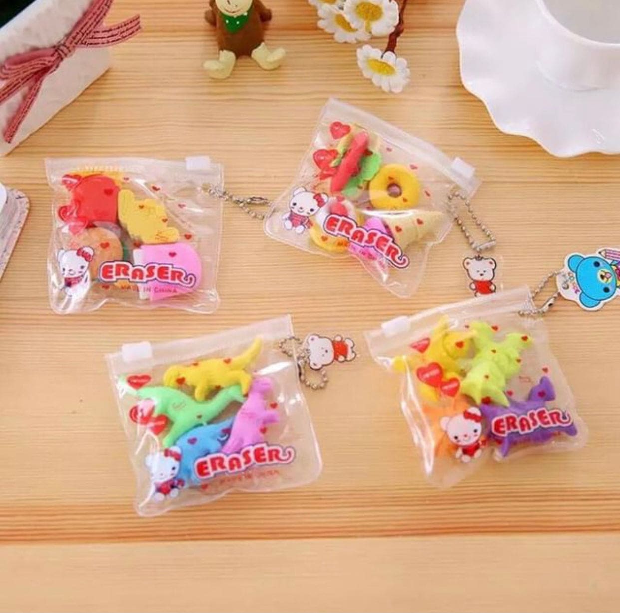Set Of 4 Erasers Pencil Rubber Stationery Bag, Creative School ag Animal Fruit Cake Rubber, Cartoon Cute School Rubber, Lovely Cartoon Animal Sports Themed Mini Erasers