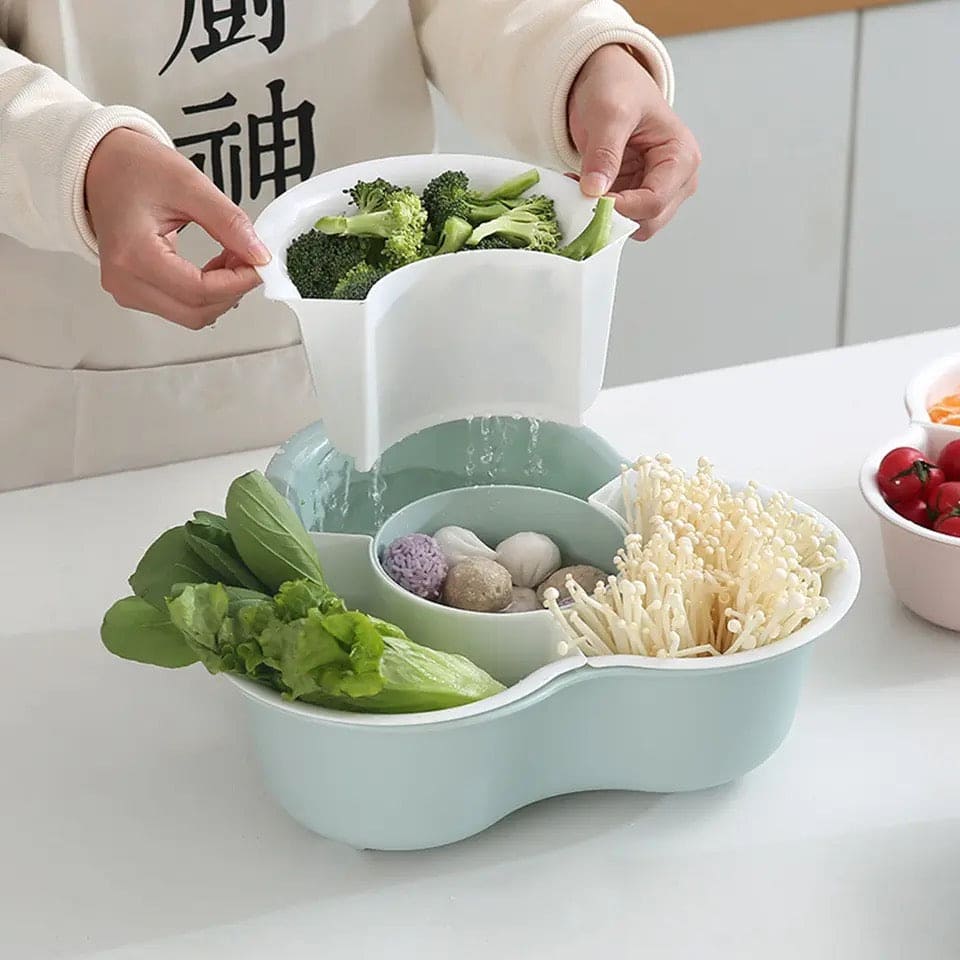 Mickey Shaped Vegetable Basket, 4 Compartments Wash Basin Basket, Creative Household Wash Basket, Double Multi Grid Basket, Fruit Tray Drain Basket