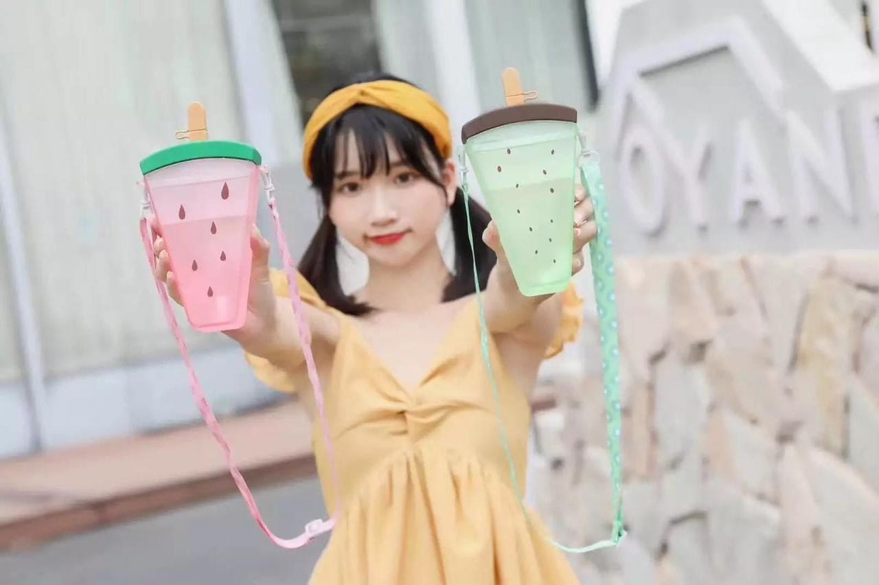 Summer Fruity Popsicle Water Bottle, Watermelon Shaped Water Bottle with Straw, Anti-Fall Portable Kids Bottle