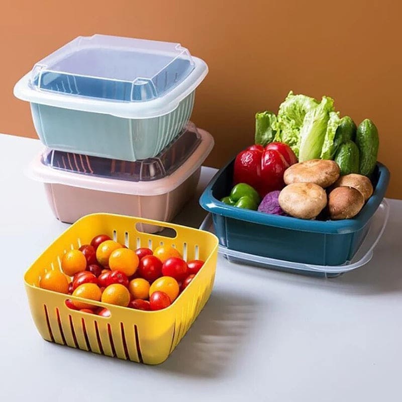 Multifunctional Double Layer Draining Basket With Lid, Kitchen Refrigerator Fresh Keeping Box, Plastic Fruit Storage Basket