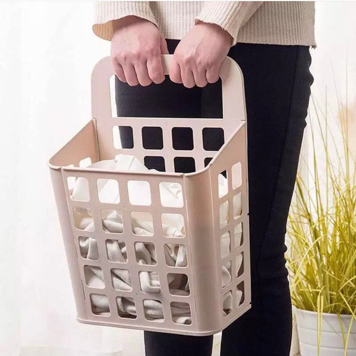 Punch Free Hangable Plastic Storage Basket With Hooks, Wall-Mounted Hamper Basket, Laundry Clothes Sundries Storage Basket Organizer, Nordic Laundry Basket