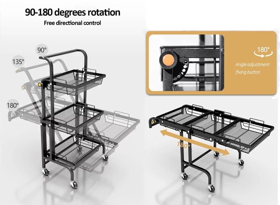 Kitchen Folding Floor Trolley, Mobile Multilayer Snack Draining Storage Rack, 180 Degree Extension Parallel Trolley