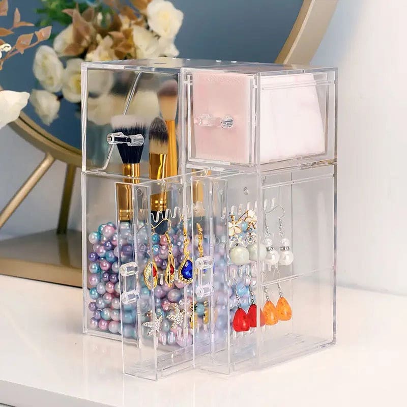 Pearl Acrylic Makeup Brushes Holder, Lipstick Nail Polish Jewelry Display Holder, Transparent Cosmetic Organizer Box, Clear Cosmetic Organizer With Lid Drawer, Multifunctional Makeup Brush Holder, Drawer Lipstick Makeup Brushes Holder