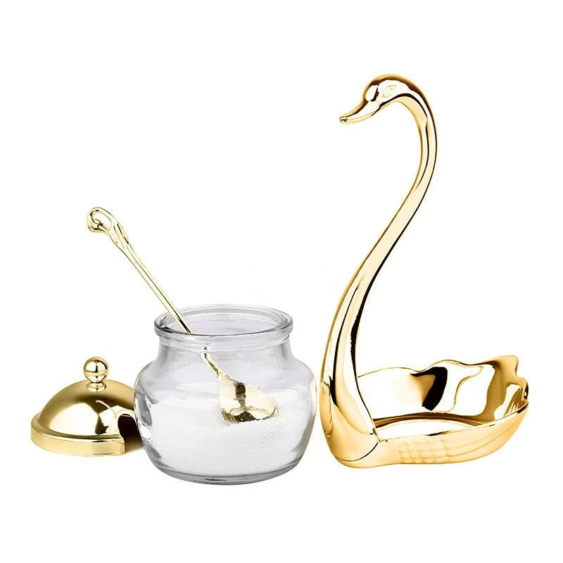 Luxury Swan Sugar Pot, Aluminum Condiment Pot, Seasoning Container Spice Glass Jar, Salt Sugar Bowl Pepper Container, Tableware Dinnerware Home Table Decor, Storage Organizer Swan Rack, Aluminum alloy Condiment Organizer
